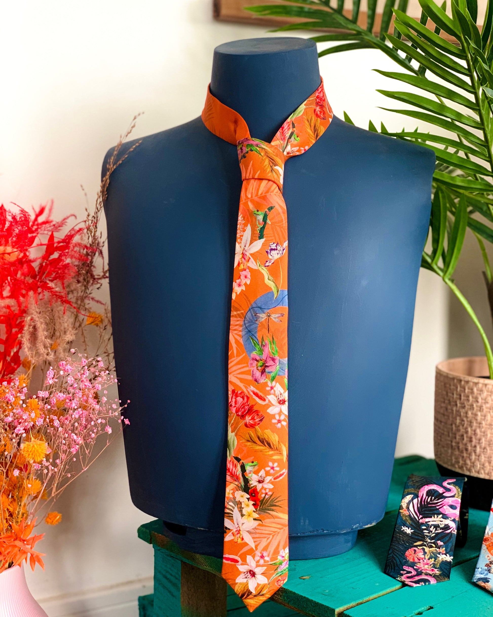 Rust Orange Silk Tie with Tropical Eden Print