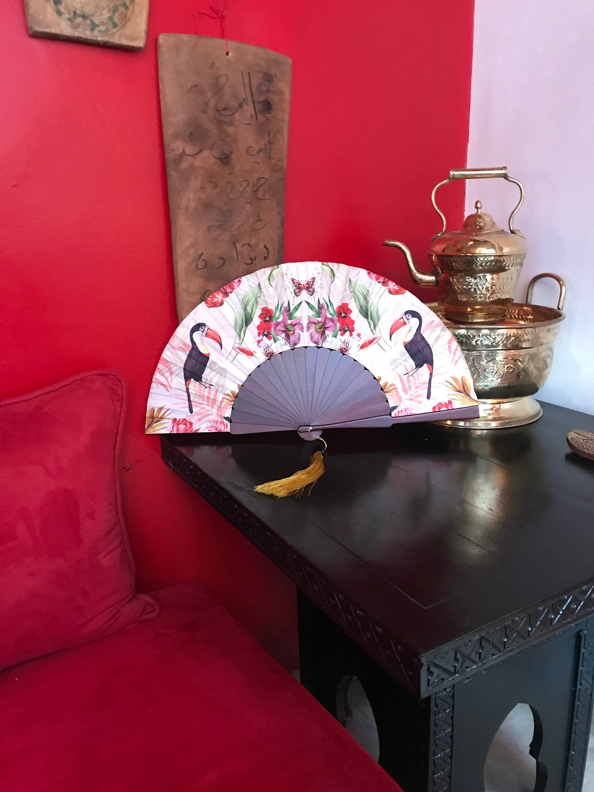 Floral Silk Fan with Toucan and Gold Tassel