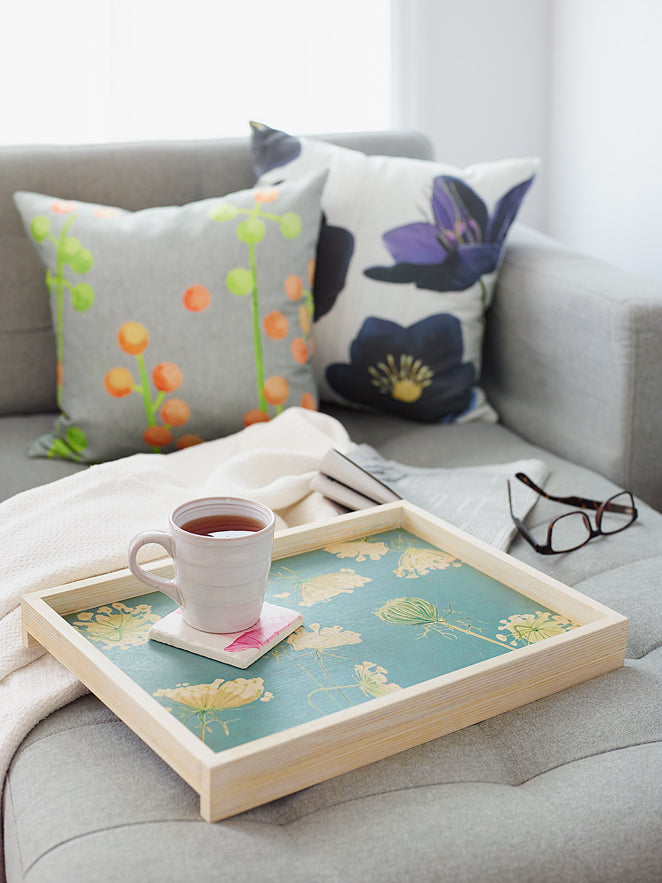 Handmade Serving Tray Queen Anne's Lace on Teal