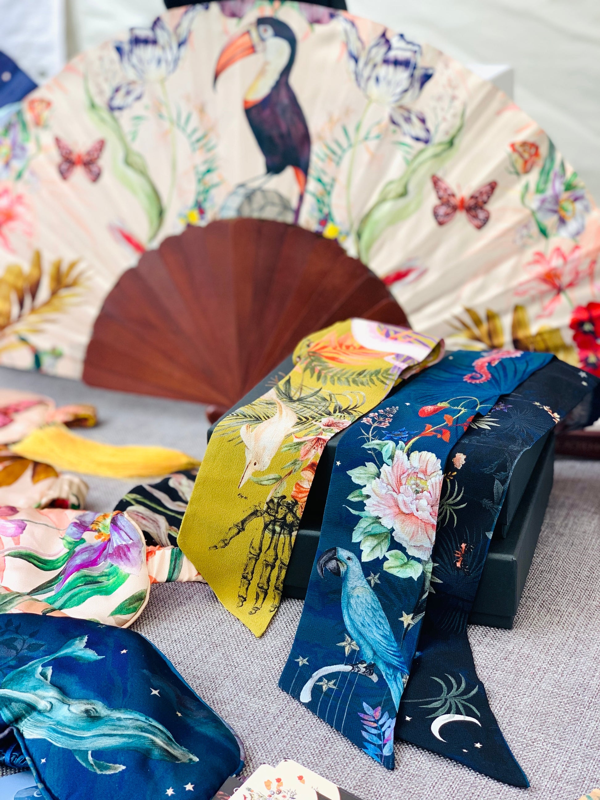 Floral Silk Fan with Toucan and Gold Tassel