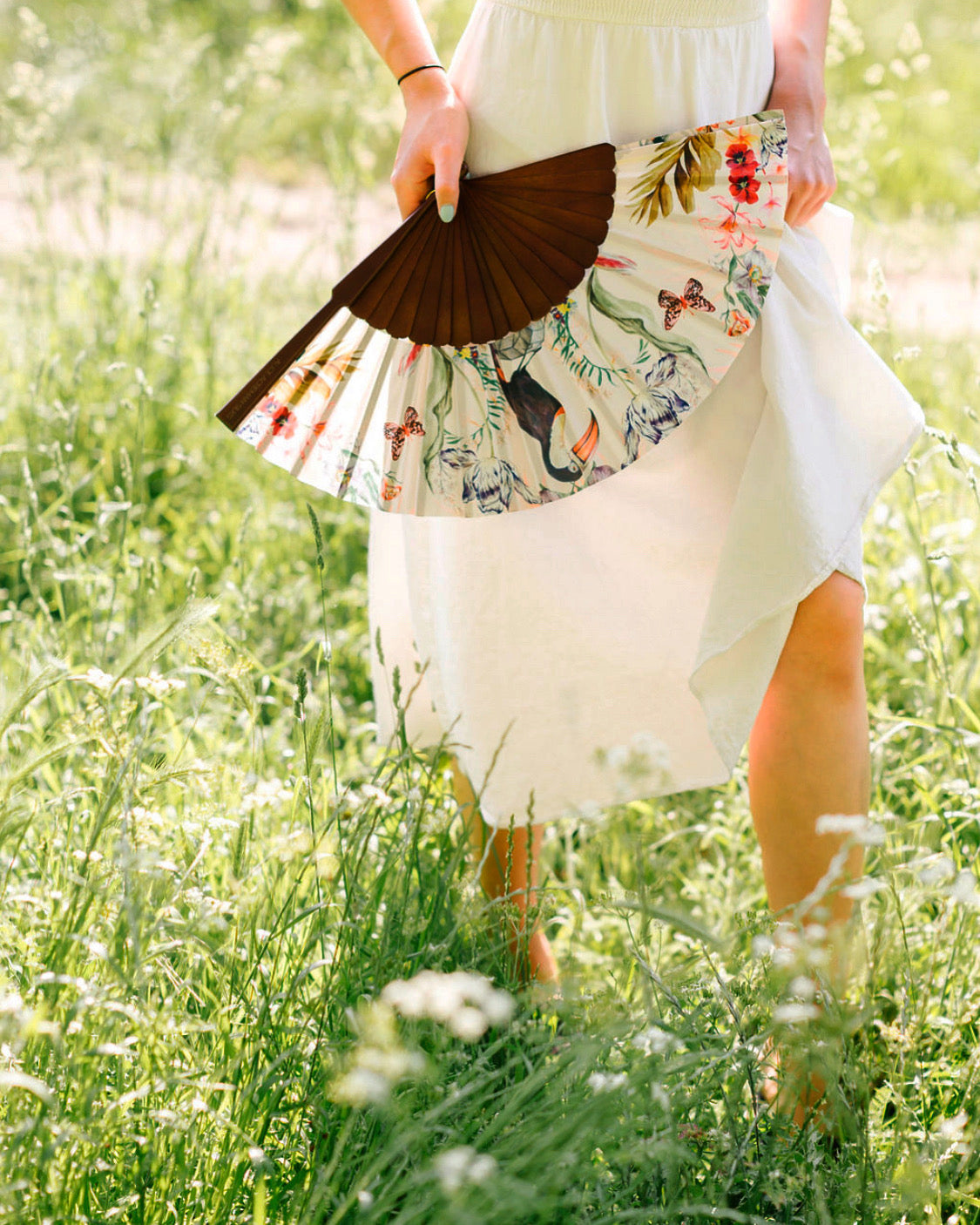 Floral Silk Fan with Toucan and Gold Tassel