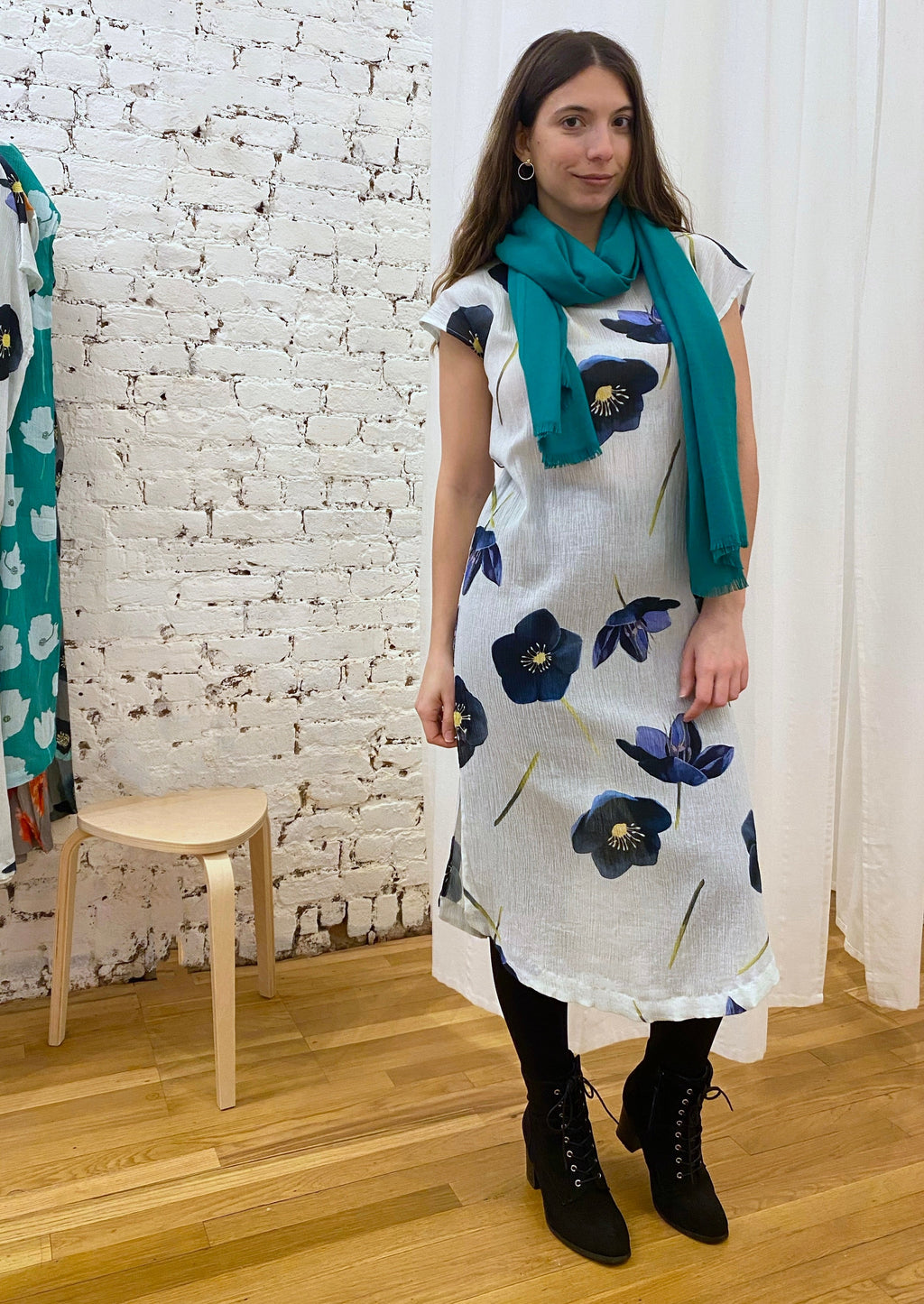 Cotton Crepe Caftan in Black Hellebore on Snow