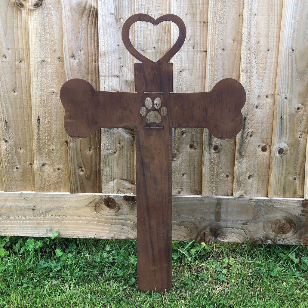 Rusty Metal Pet Memorial Cross Decoration