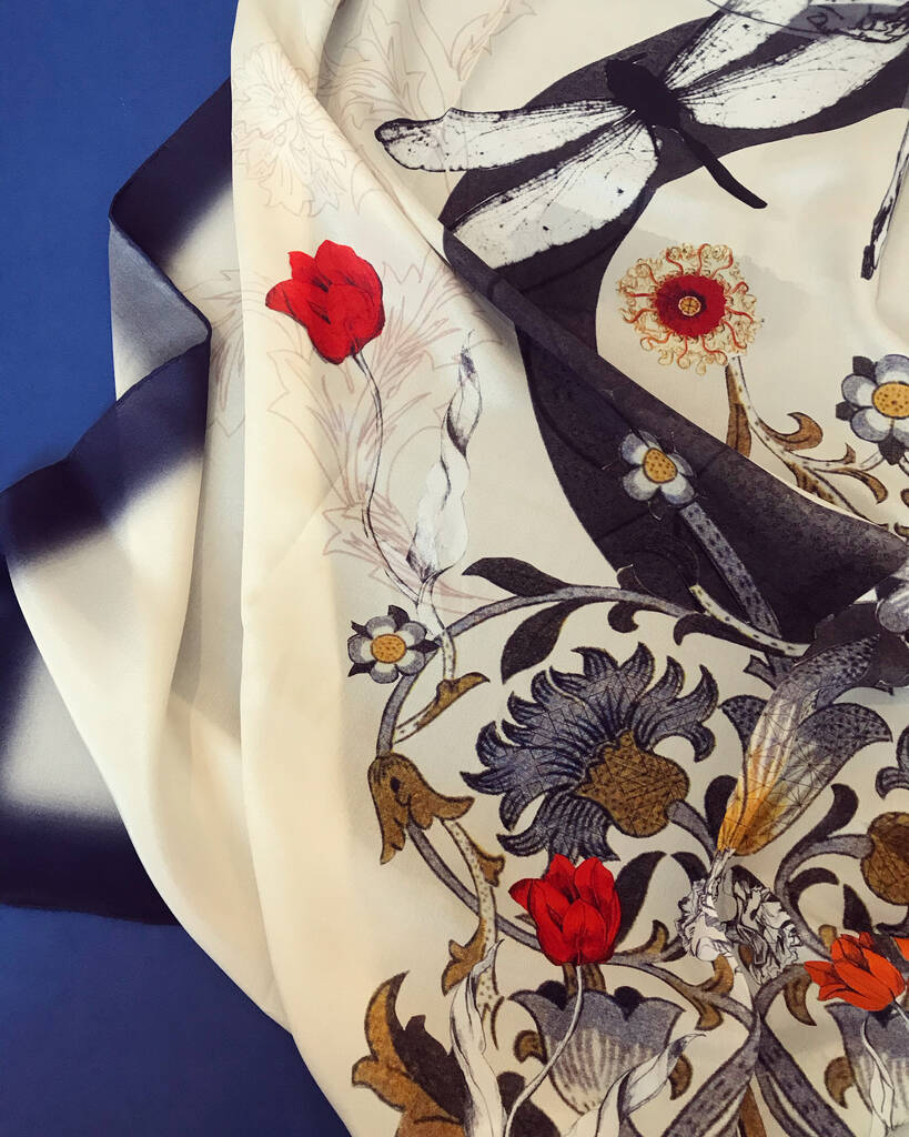 Navy Blue and Cream Dragonfly Silk Square Scarf
