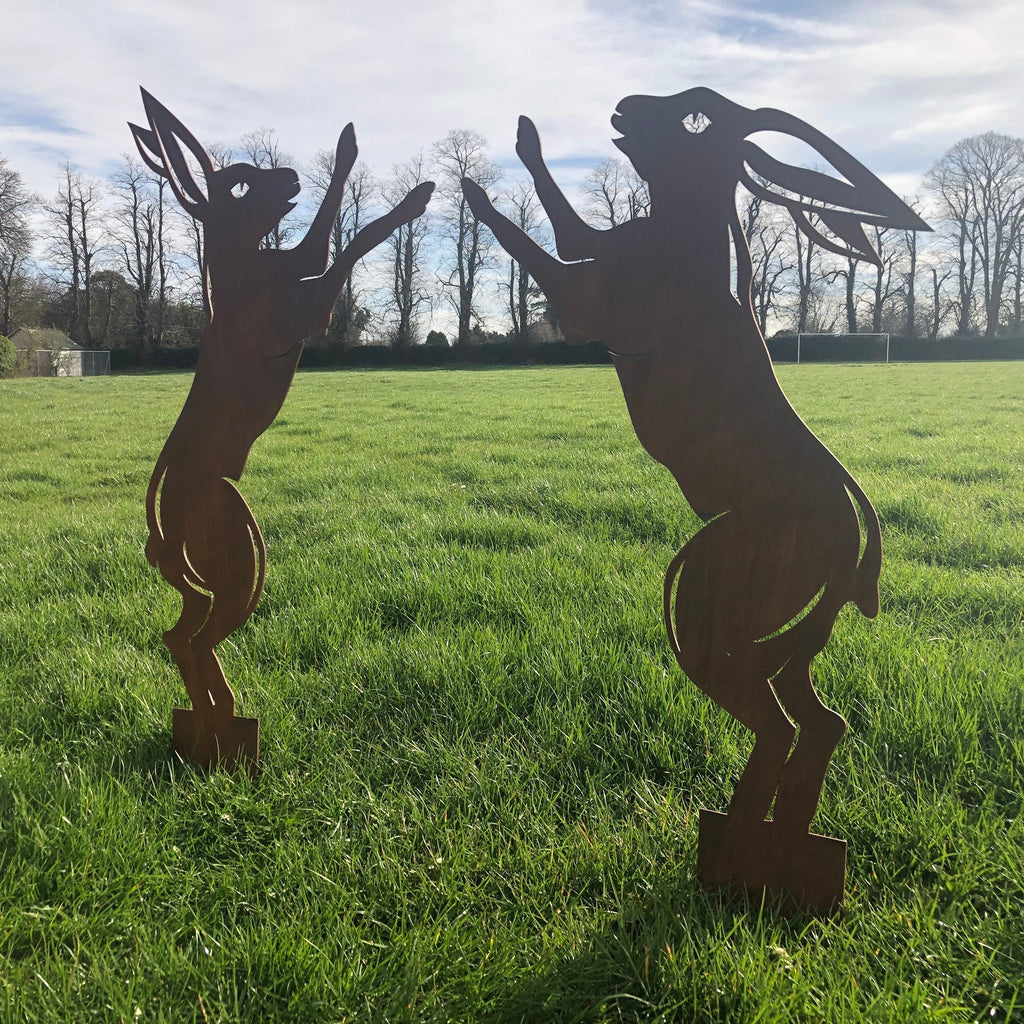 Pair Of Rusty Metal Boxing Hares Garden Decoration