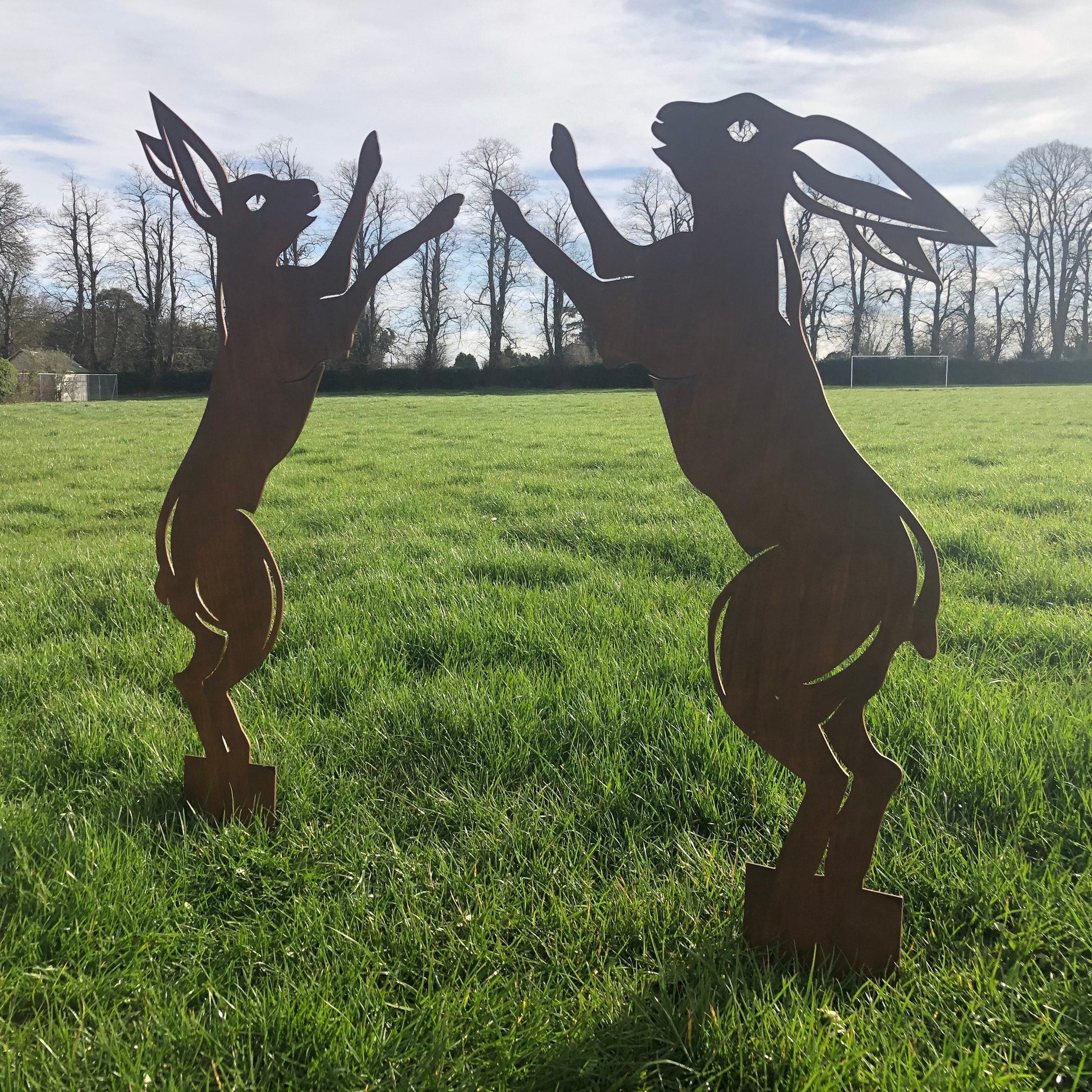 Pair Of Rusty Metal Boxing Hares Garden Decoration