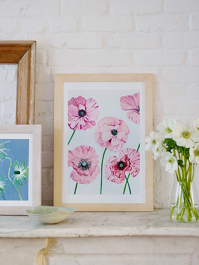Rose Poppies on Pale Grey Art Print