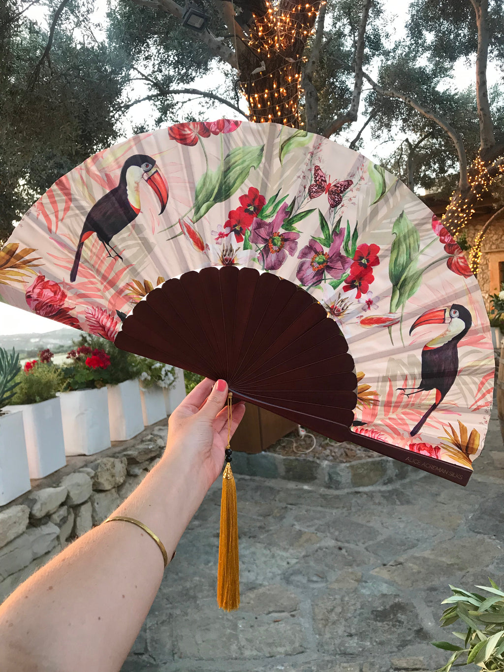 Floral Silk Fan with Toucan and Gold Tassel