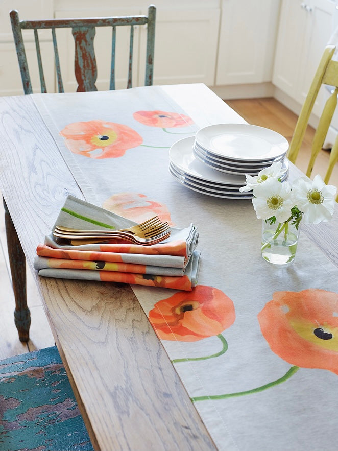 Peach Poppies on Grey Table Runner