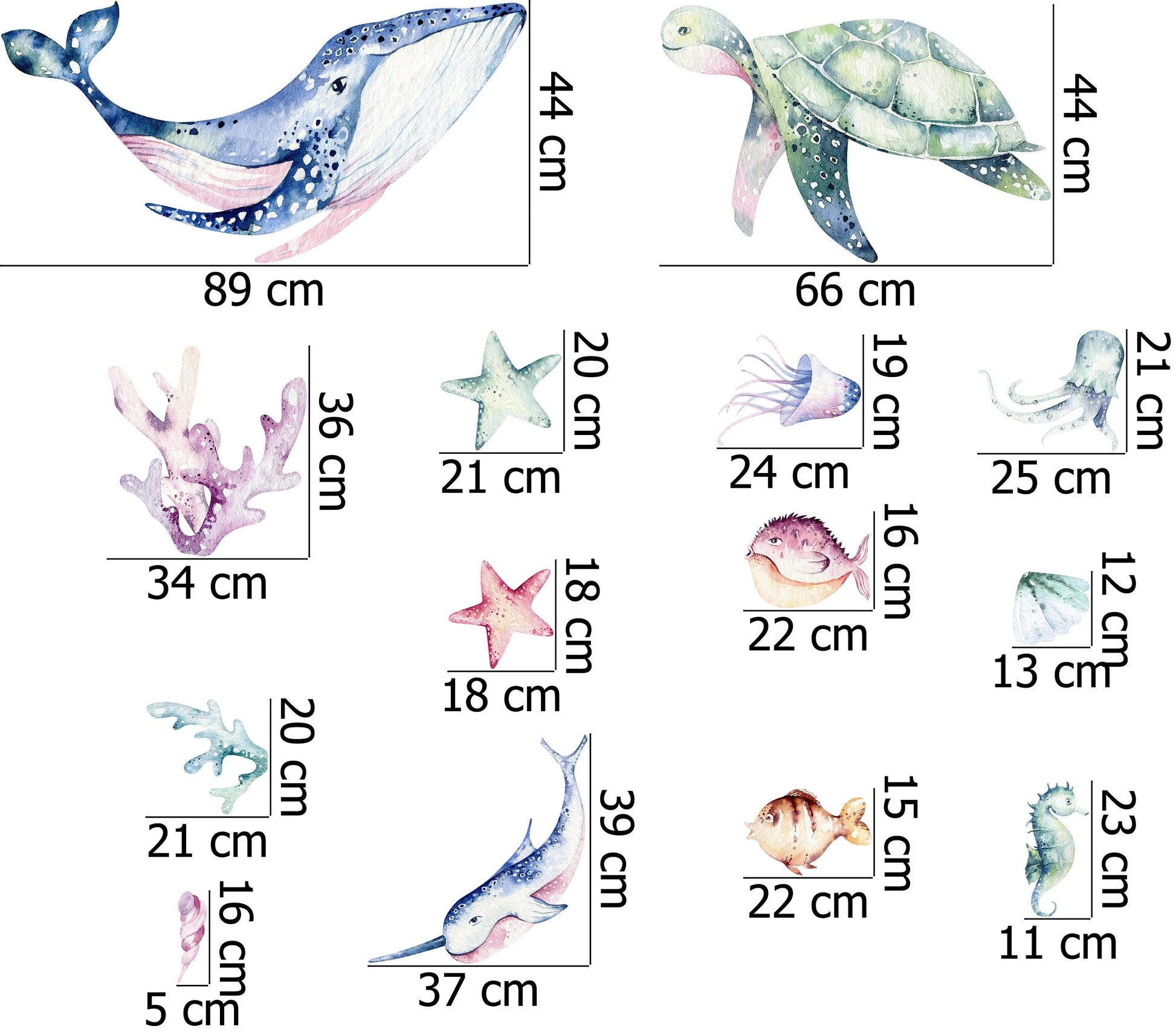 Ocean Wall Decal - Watercolour Sea Life Stickers - Colourful Ocean Theme