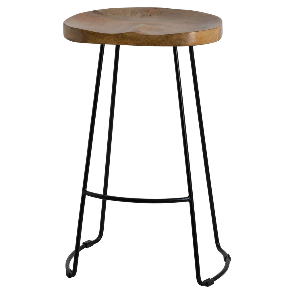 Bar stool with wooden seat and black metal legs on a white background