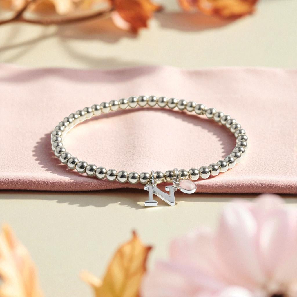 Personalised Initial and October Birthstone Stretch Bracelet