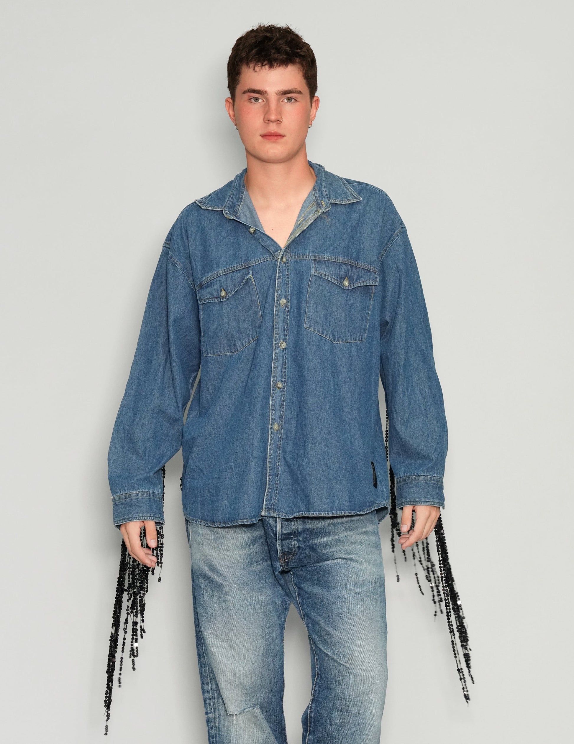 Sequinned Tassel Party Back Denim Shirt