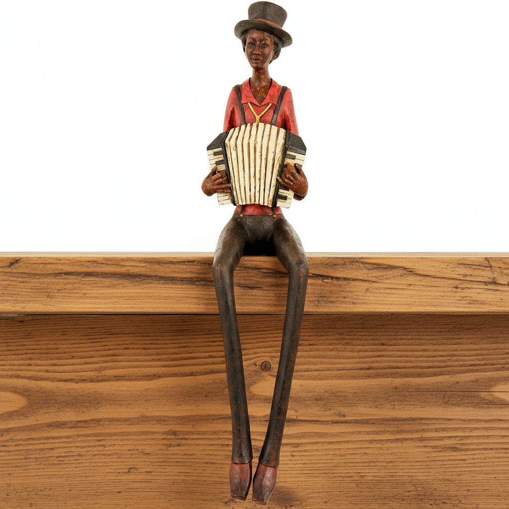 Handcrafted brown resin jazz band squeeze box figurine with lifelike details, perfect for vintage decor by sostter at brixbailey.com