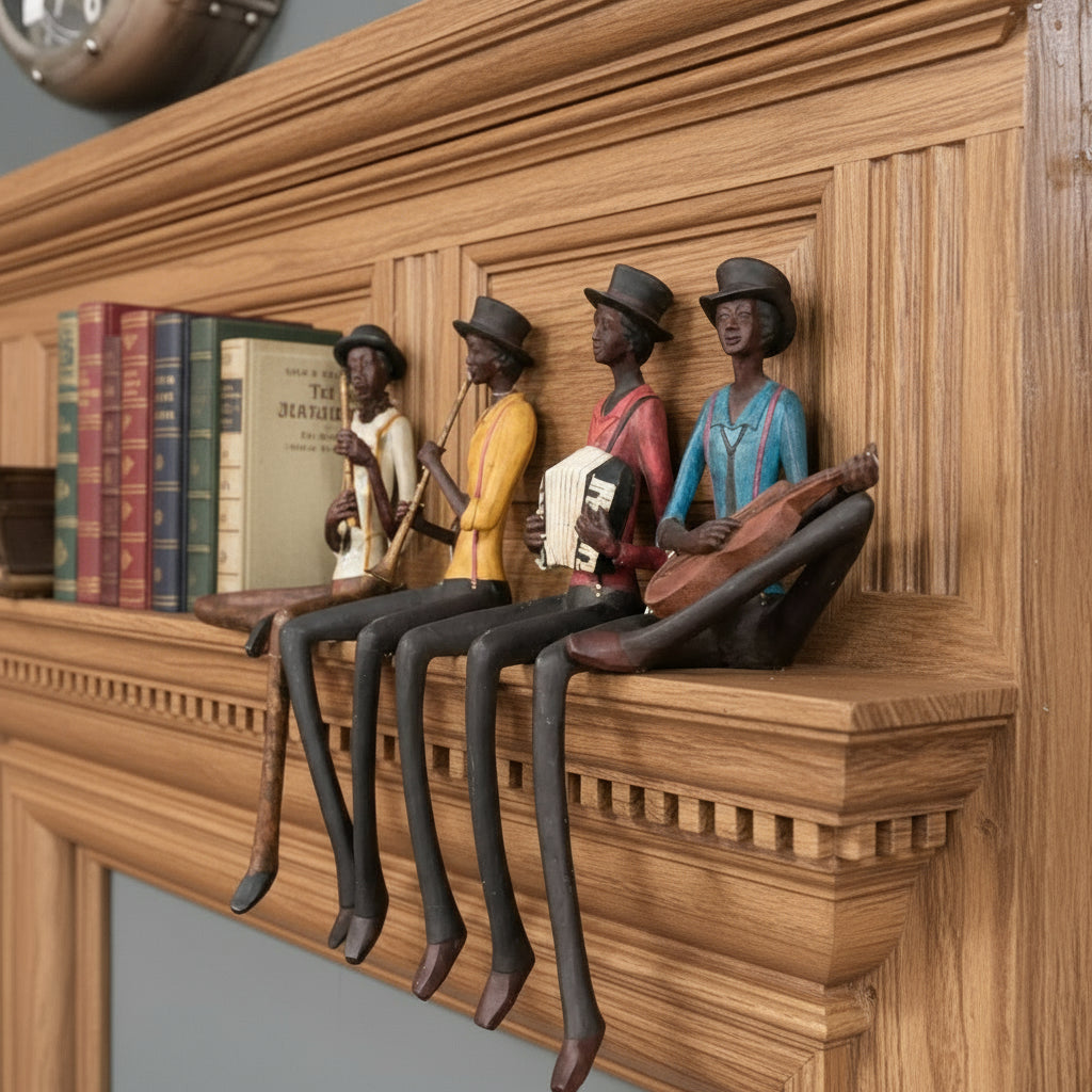 Handcrafted jazz musician resin sculpture, guitarist with hanging leg, warm brown finish, 42cm tall, Sitting Jazz Band series by sostter at brixbailey.com