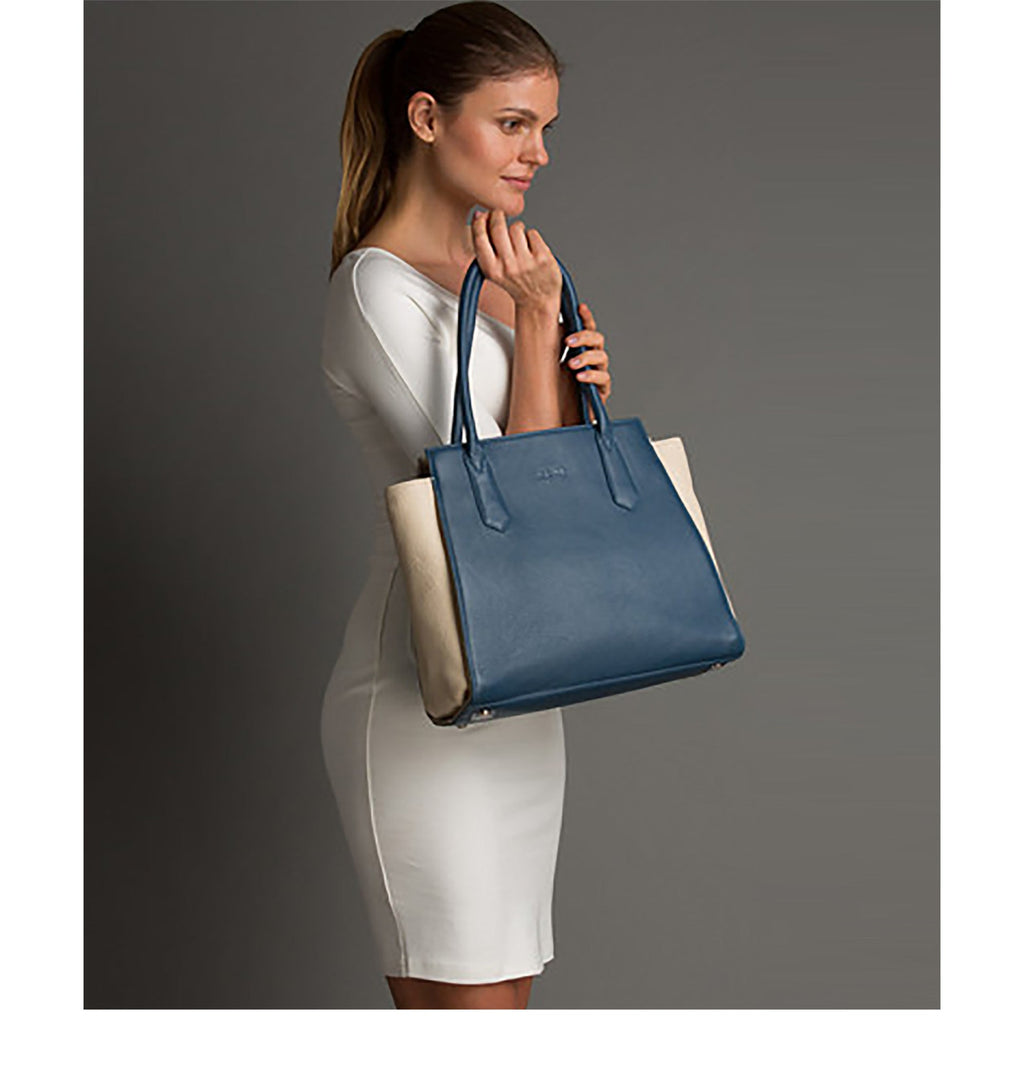 Blue Ivory Leather Tote Bag