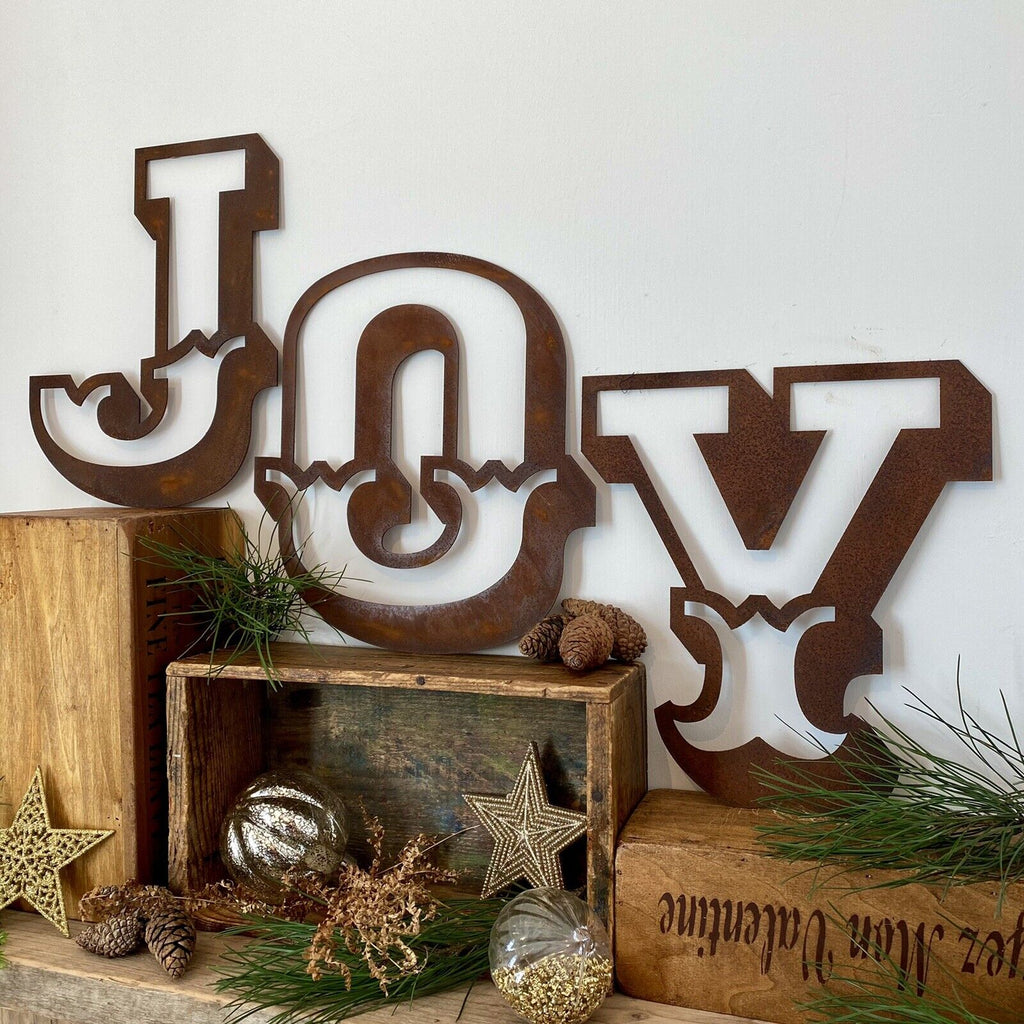 Christmas Mantle Fireplace Decoration JOY In Rustic Rusted Carnival Letters 12 Inches Tall.