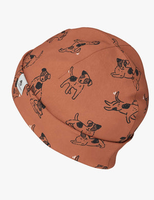 a confident child wearing a copper dog print beanie in dramatic studio lighting