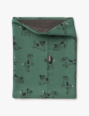 bold green kids merino neck tube with a playful dog print, shown in dramatic morning light