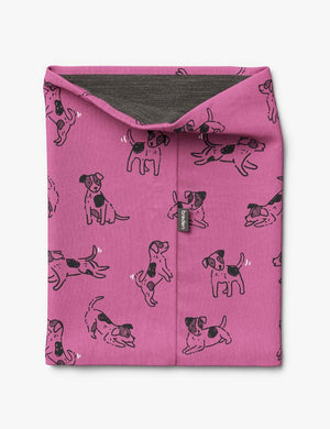bold kids merino neck tube with pink dogs on a crisp morning adventure