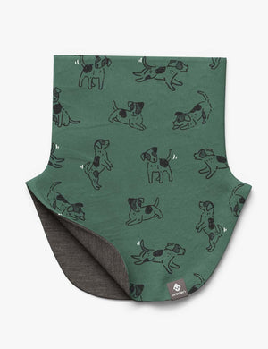 bold close-up of a kids green dogs merino neck warmer in dramatic light
