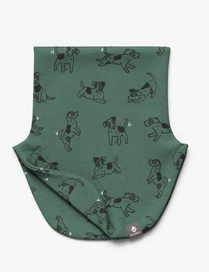 a child's green cotton neck warmer shown in soft morning light, looking cozy and comforting for a crisp autumn day
