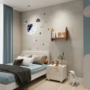 bold walnut kids bookshelf mounted on a vibrant nursery wall