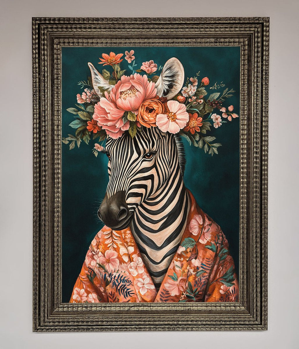 Kimono Zebra Flowers Framed Wall Art