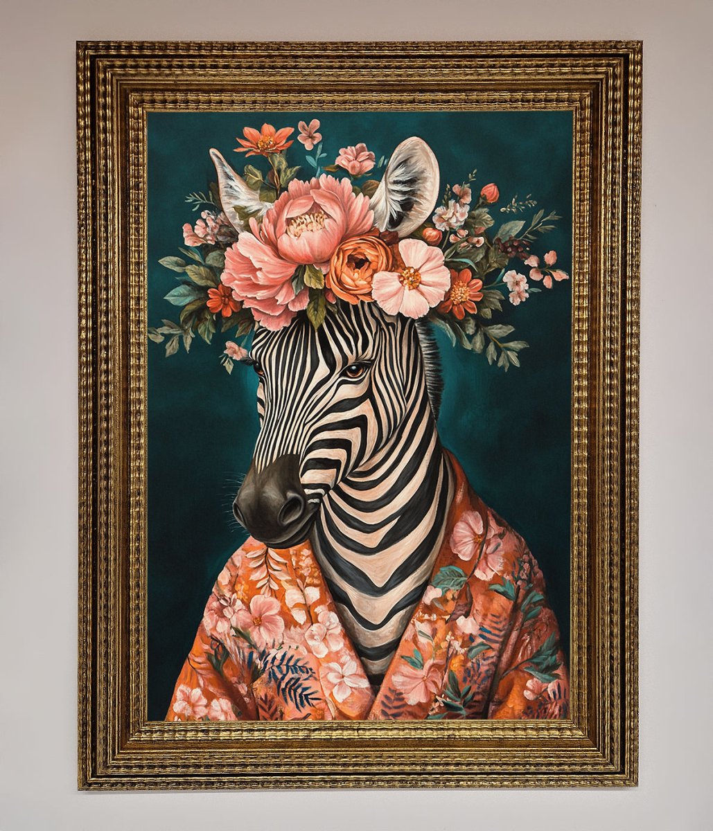 Kimono Zebra Flowers Framed Wall Art