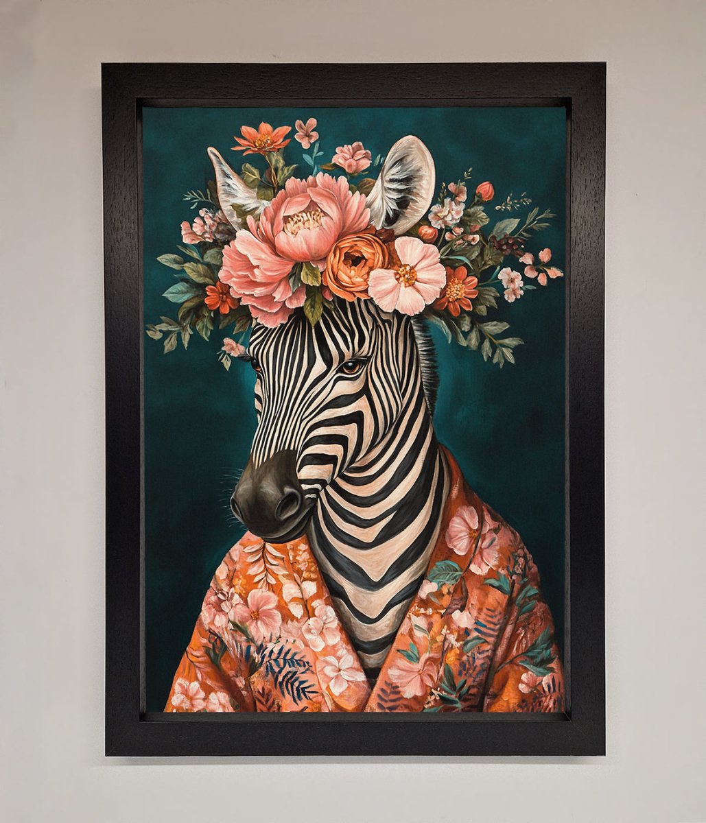 Kimono Zebra Flowers Framed Wall Art
