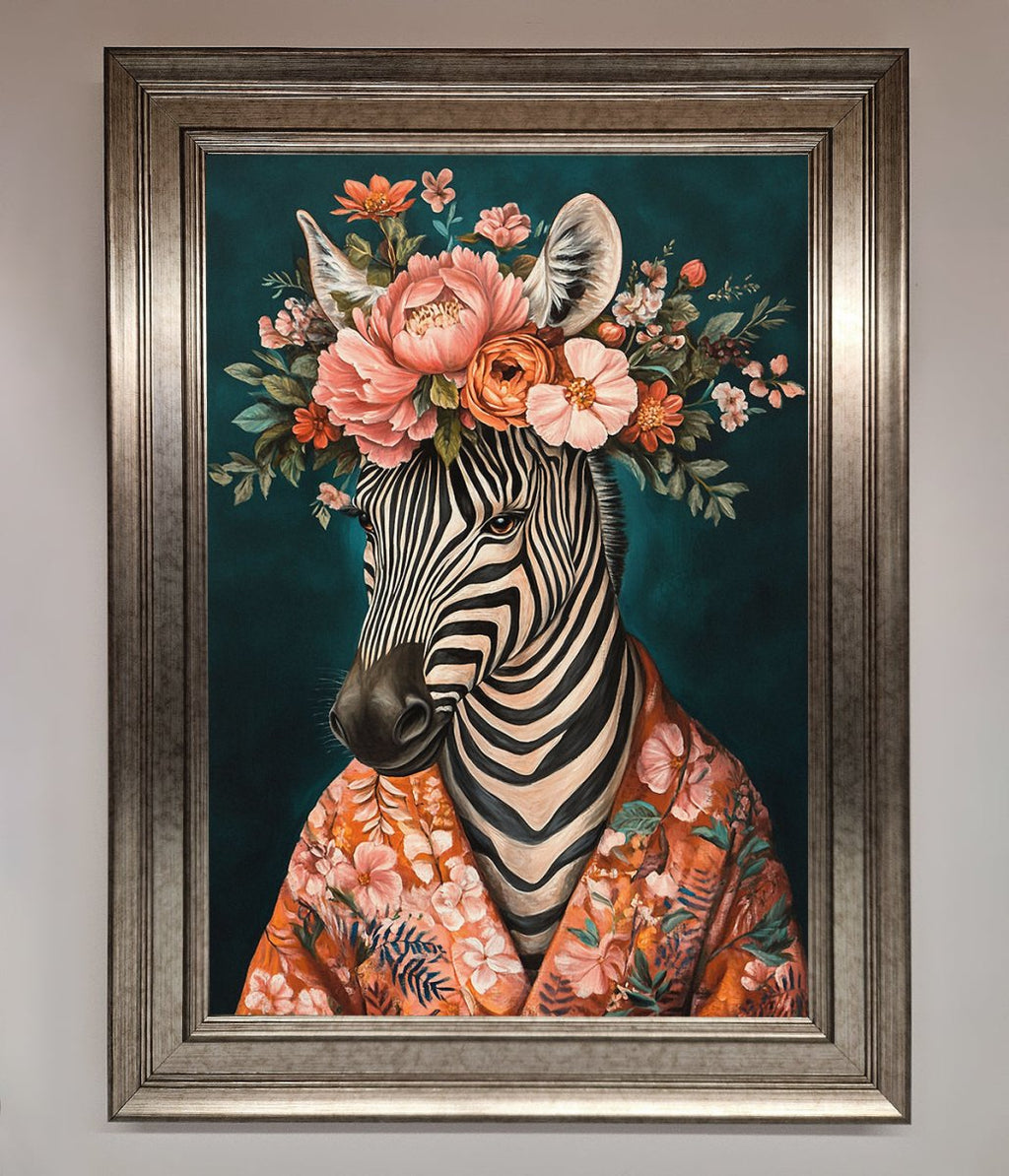 Kimono Zebra Flowers Framed Wall Art