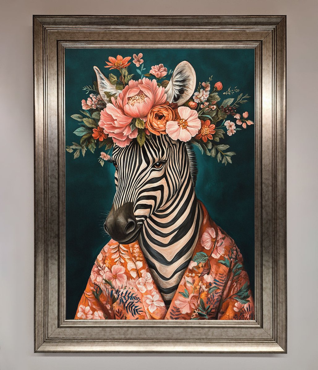 Kimono Zebra Flowers Framed Wall Art