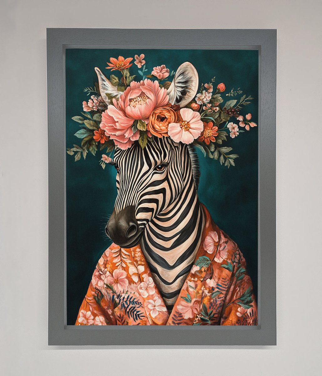 Kimono Zebra Flowers Framed Wall Art