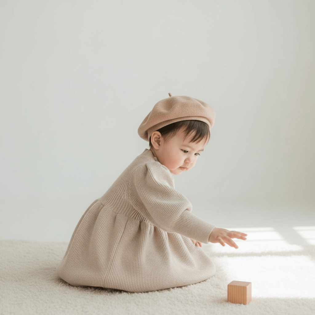 Knitted Lantern Sleeve Dress in White and Beige