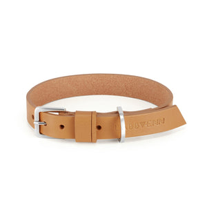 a soft, comforting close-up of the kollu camel leather dog collar with elegant black accents