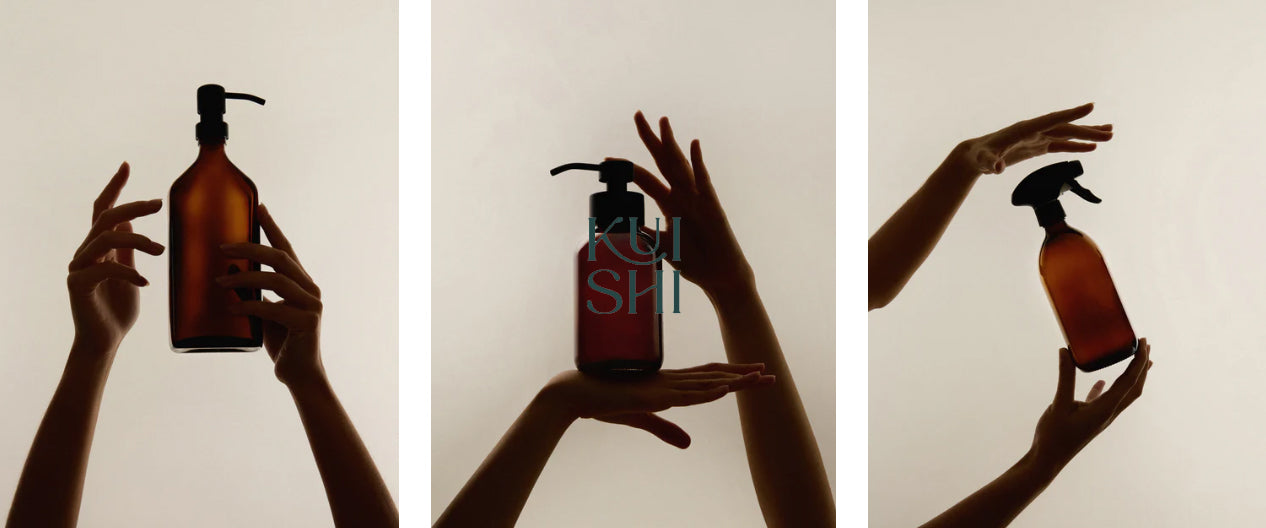 Three bottles held by hands against a neutral background from Kuishi carbon neutral dispensing bottles brand at Sostter