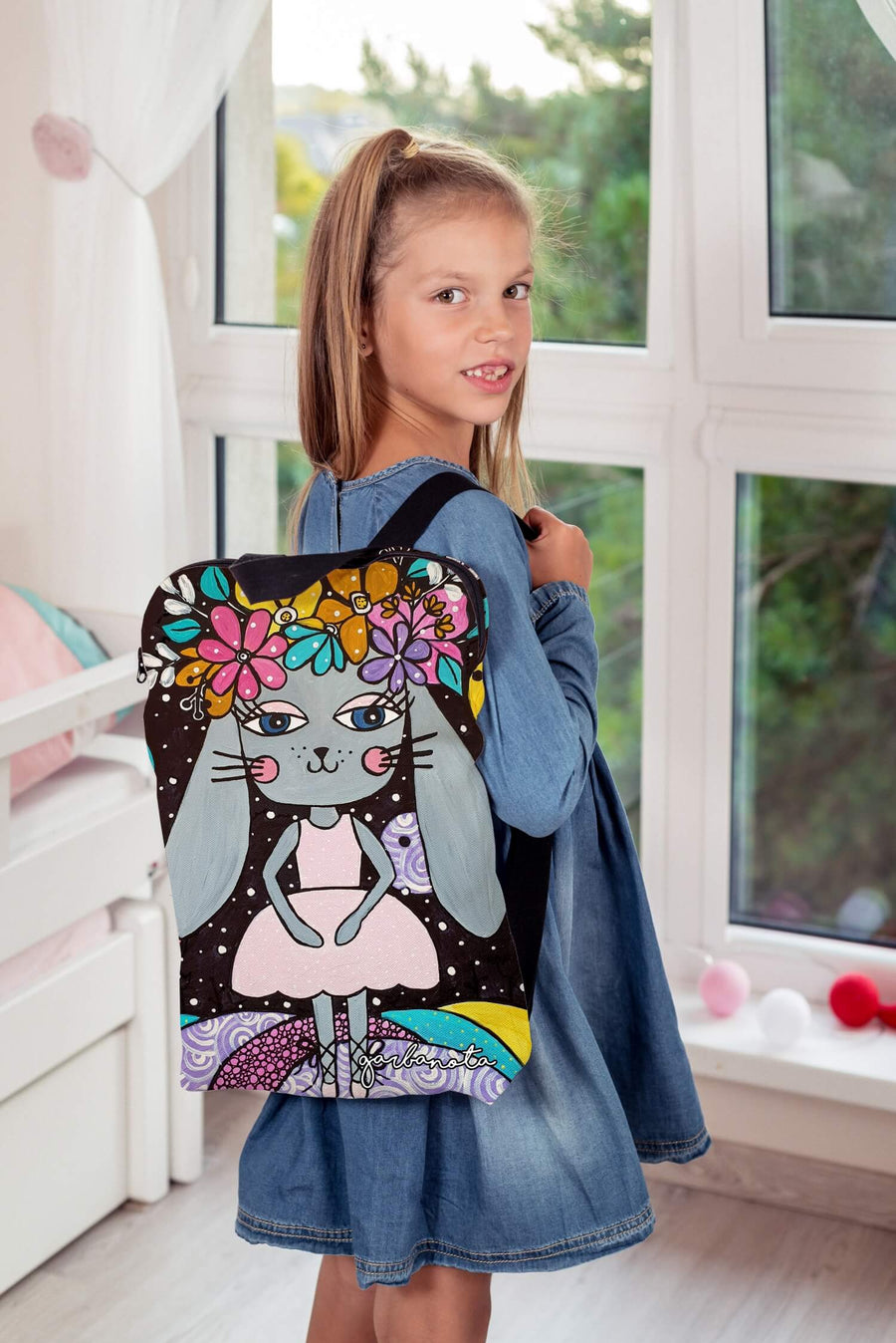 Black Kids’ Backpack with Unique Garbanota Art Print – Handmade & Durable by Garbanota at www.brixbailey.com