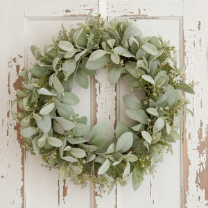 Handcrafted winter wreath with lamb's ear foliage and wax flowers in crisp white and green, 45cm diameter. by sostter at brixbailey.com