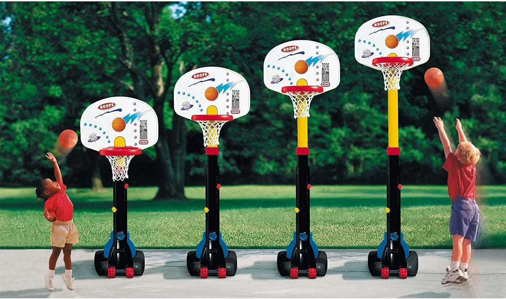 bold adjustable basketball hoop for kids with vibrant orange rim and sturdy base in sunny driveway