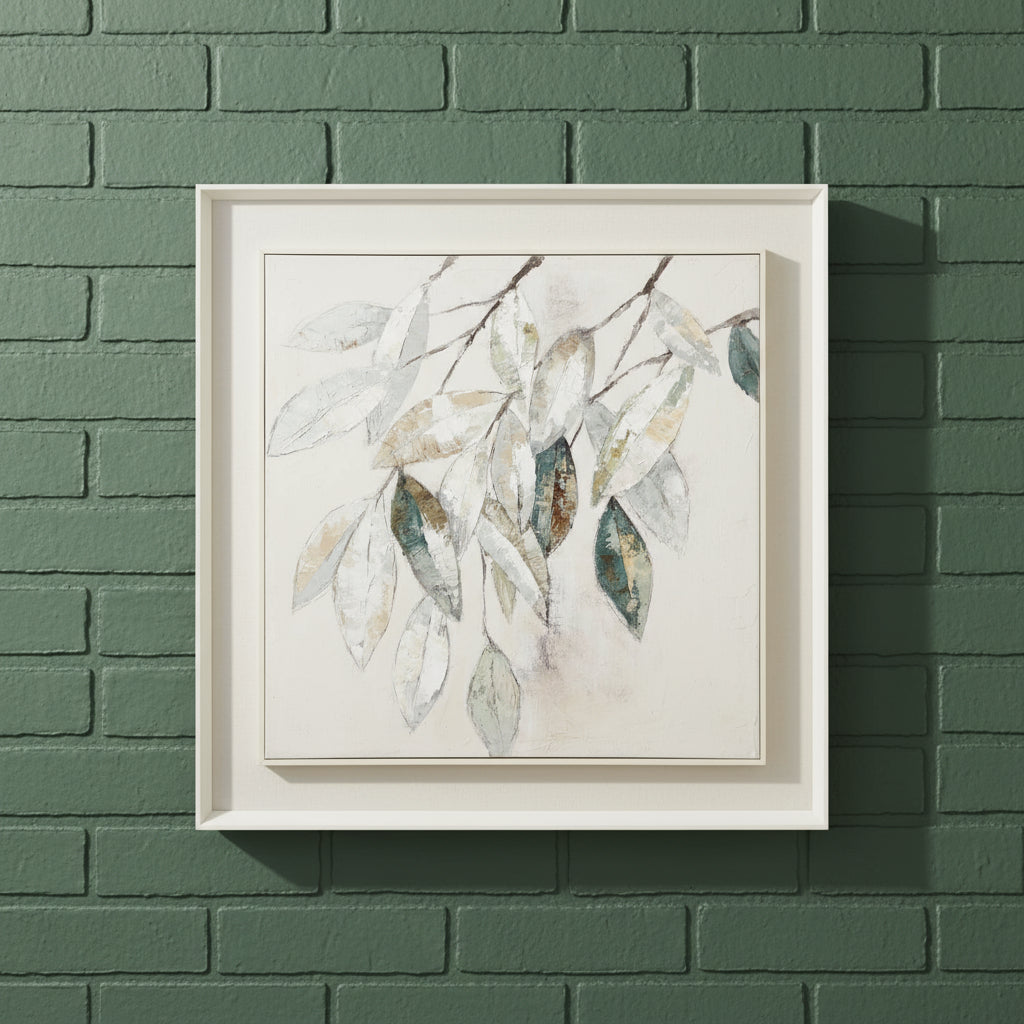 Framed Dolce Mottle leaf painting with silvery leaves on textured canvas in soft muted tones, white wooden frame by Sostter at brixbailey.com
