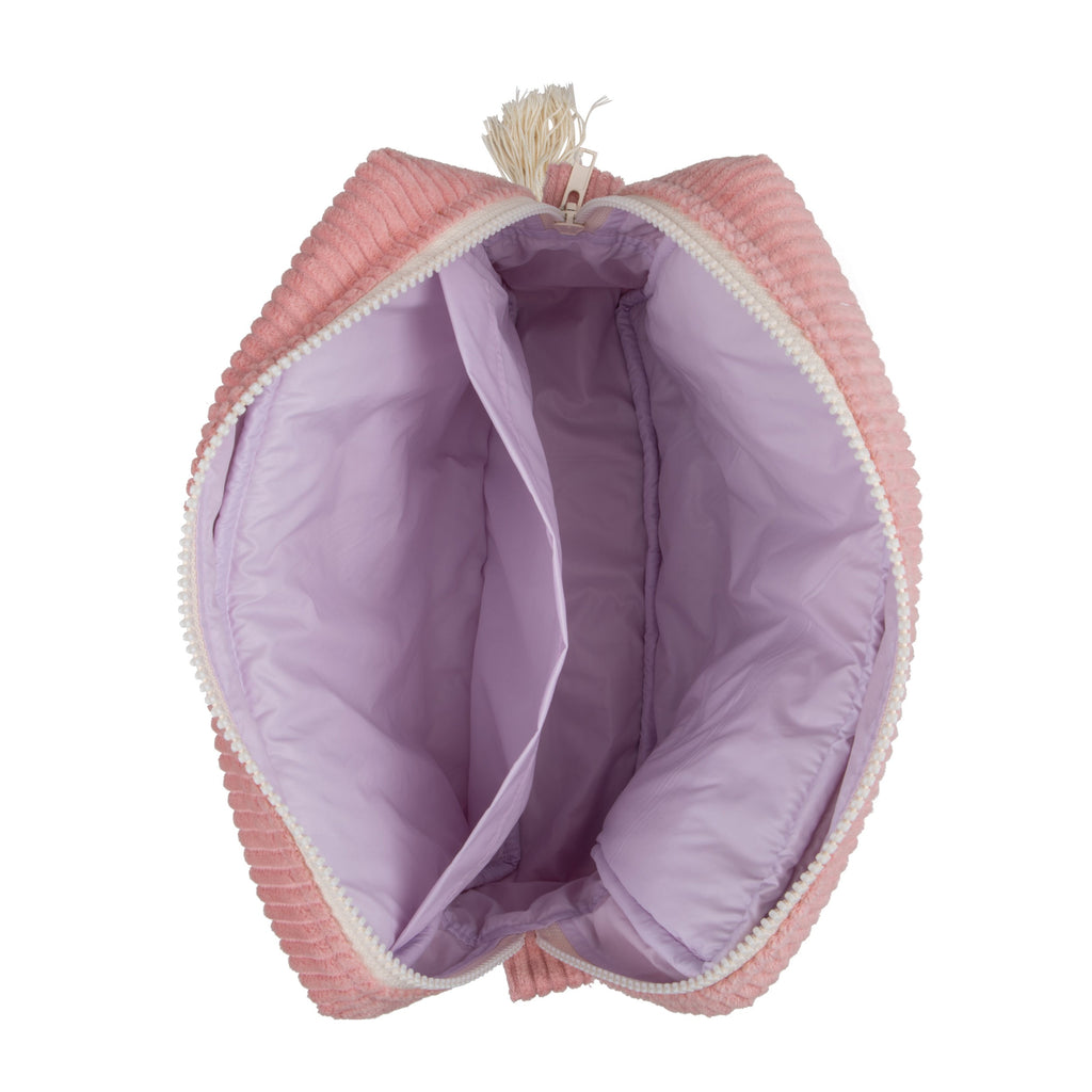 soft baby pink handmade cotton makeup bag with a convenient outer pocket