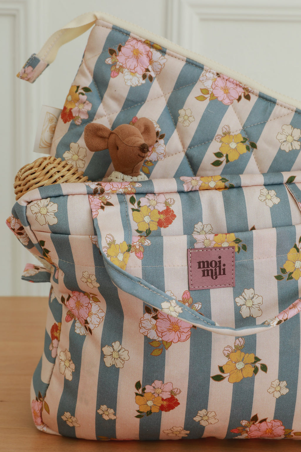 playful blue striped makeup bag with pockets, perfect for travel or as a clutch, handmade in poland