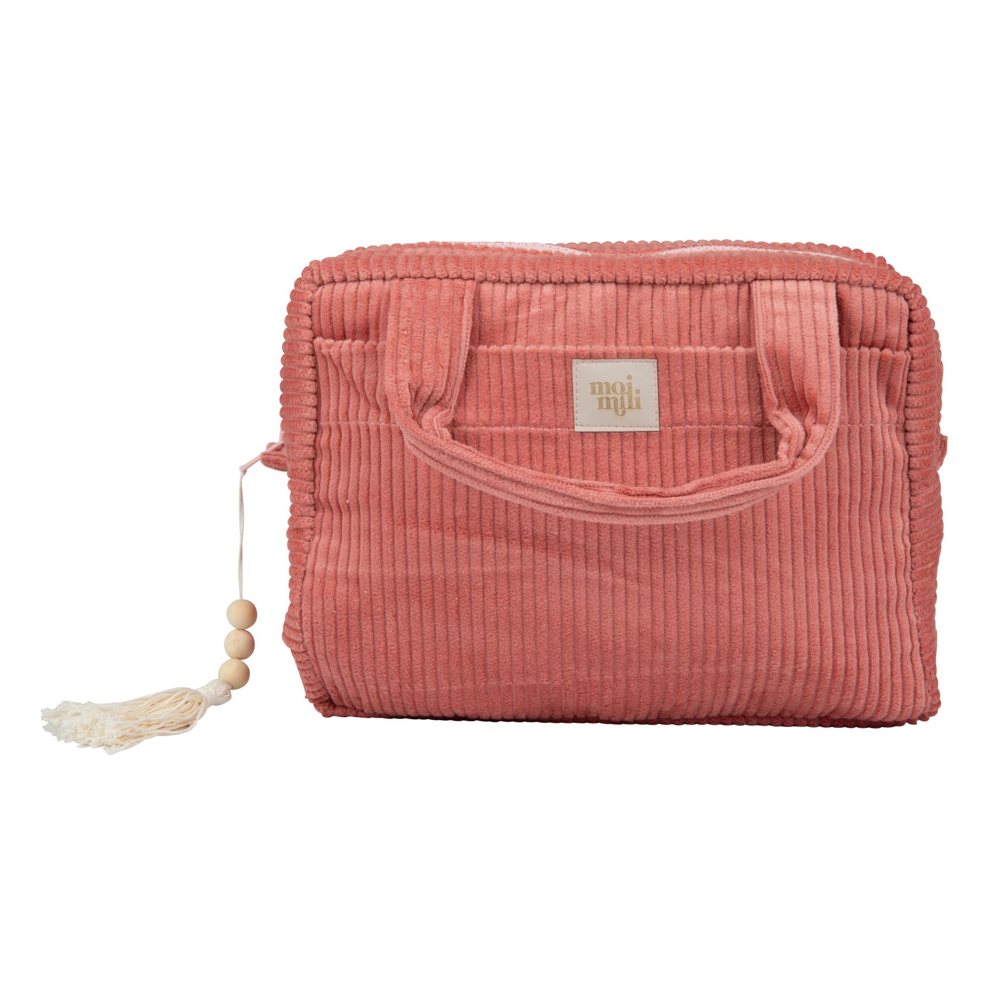 coral makeup bag with waterproof lining and dual pockets, held open to show spacious interior, perfect for travel essentials