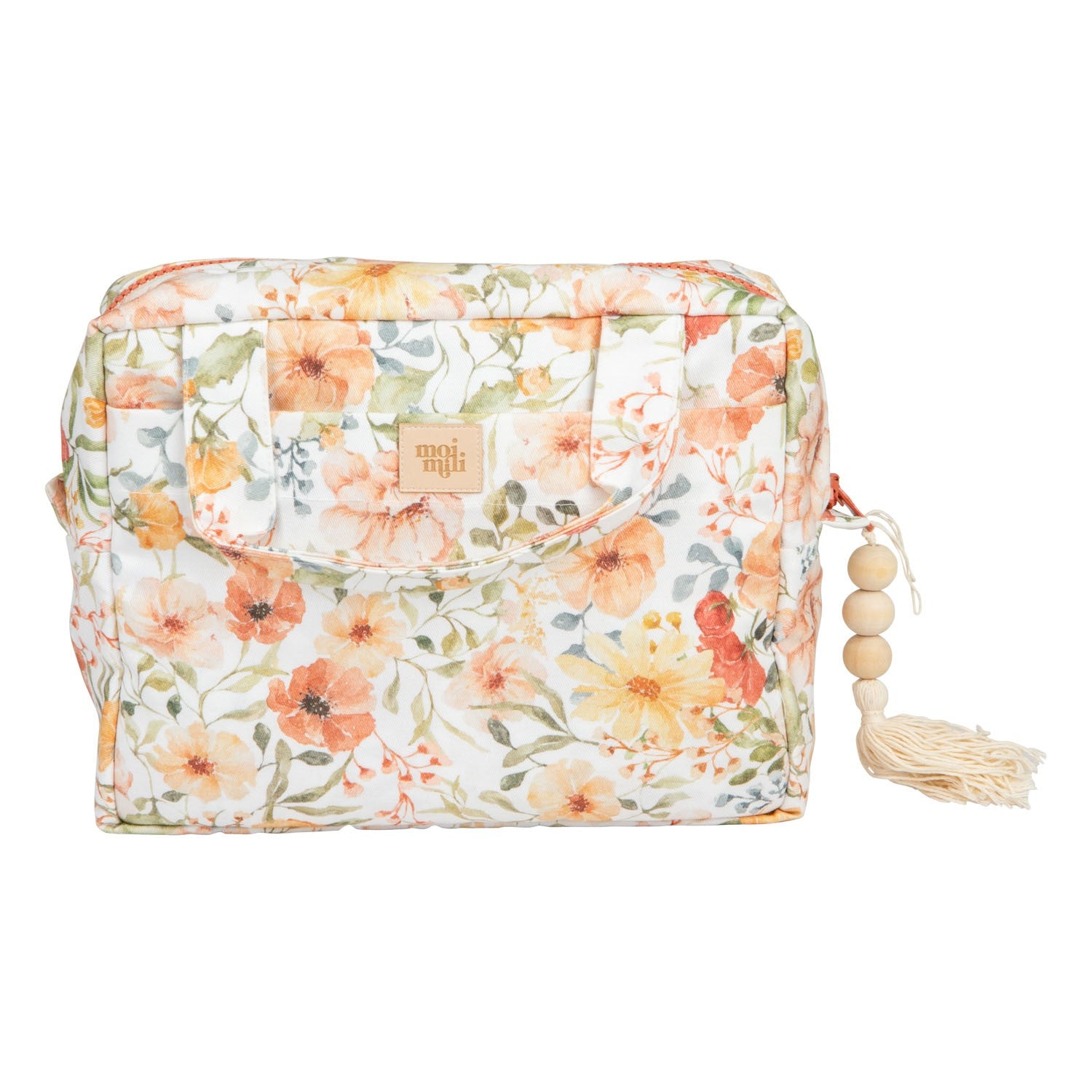elegant floral cotton makeup bag with inner and outer pockets, held open to reveal its spacious waterproof lining