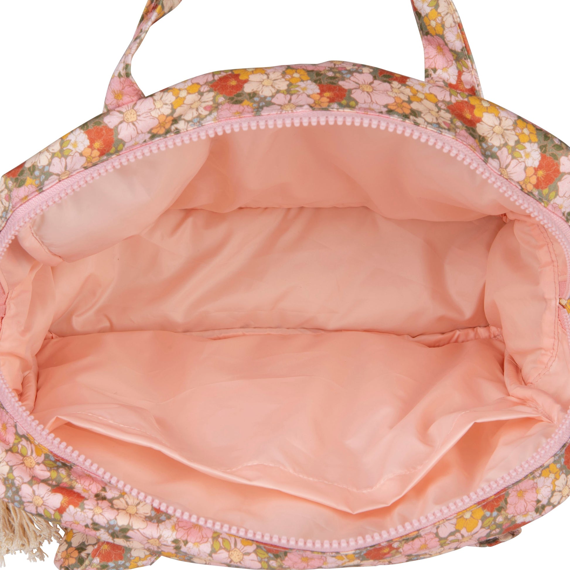 large green garden makeup bag with waterproof lining, open to show inner pockets, perfect for travel essentials