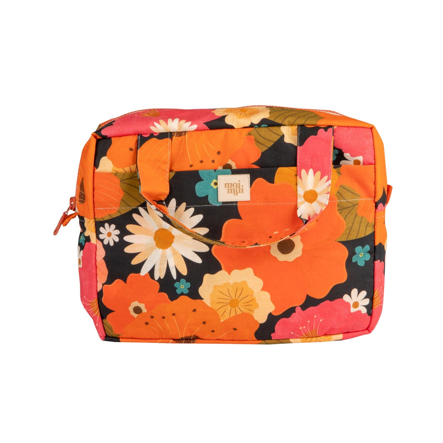 functional floral makeup bag set open on a table showing inner pockets and waterproof lining