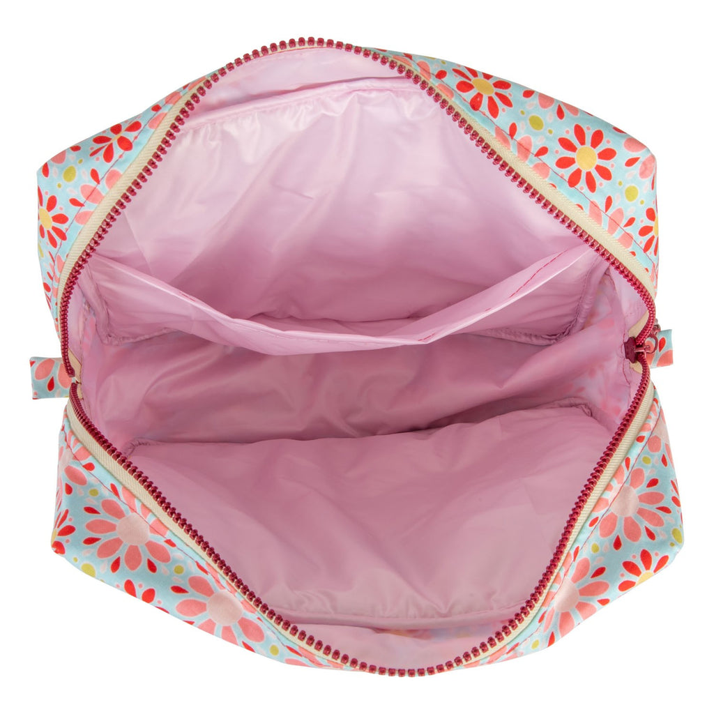 playful red floral makeup bag with pockets, perfect for travel or as a clutch, handmade in poland