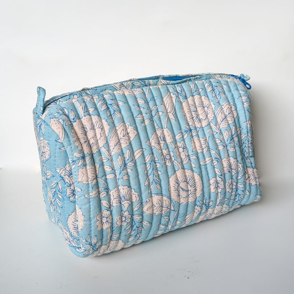 Quilted block print make up bag, large cosmetic pouch