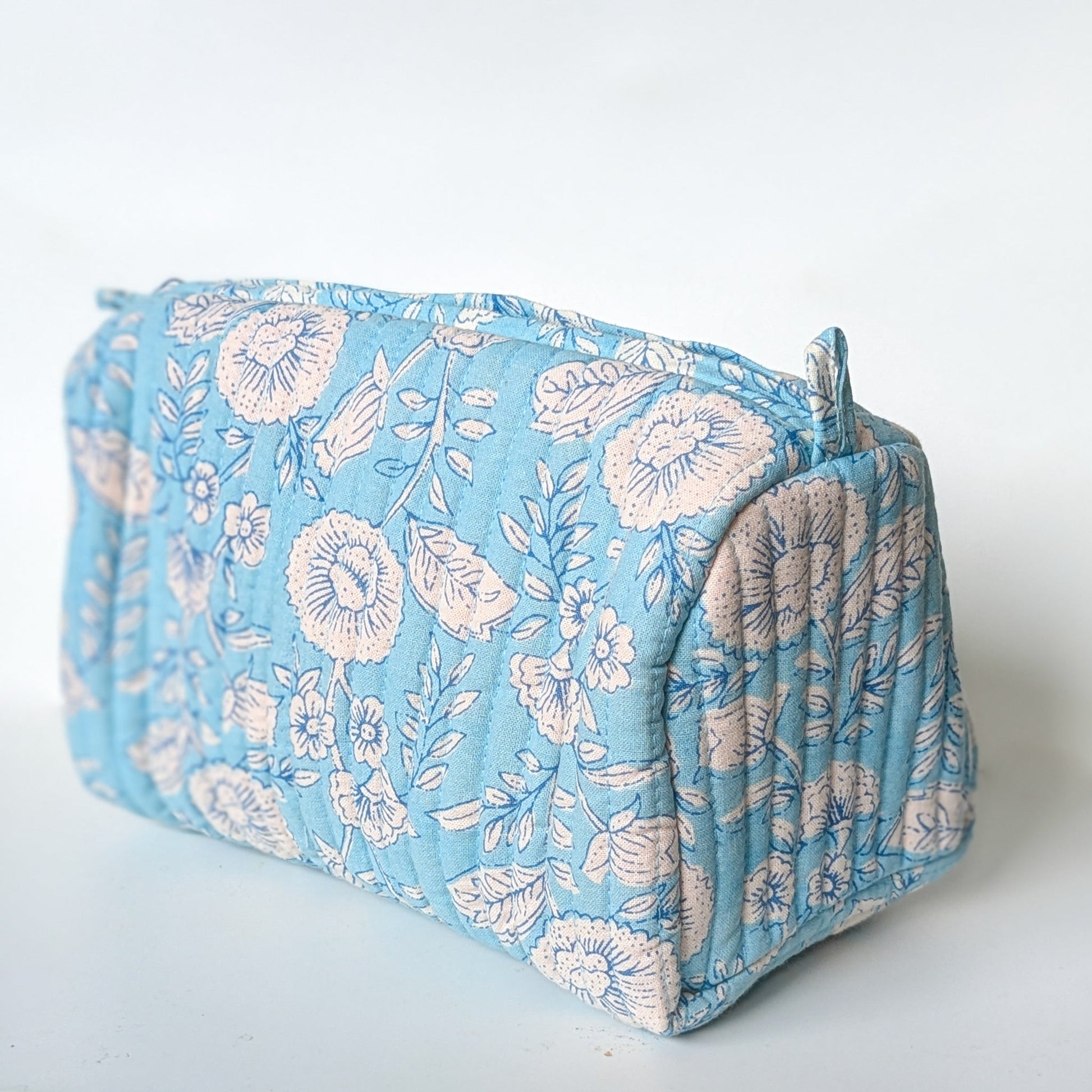 Quilted block print make up bag, large cosmetic pouch