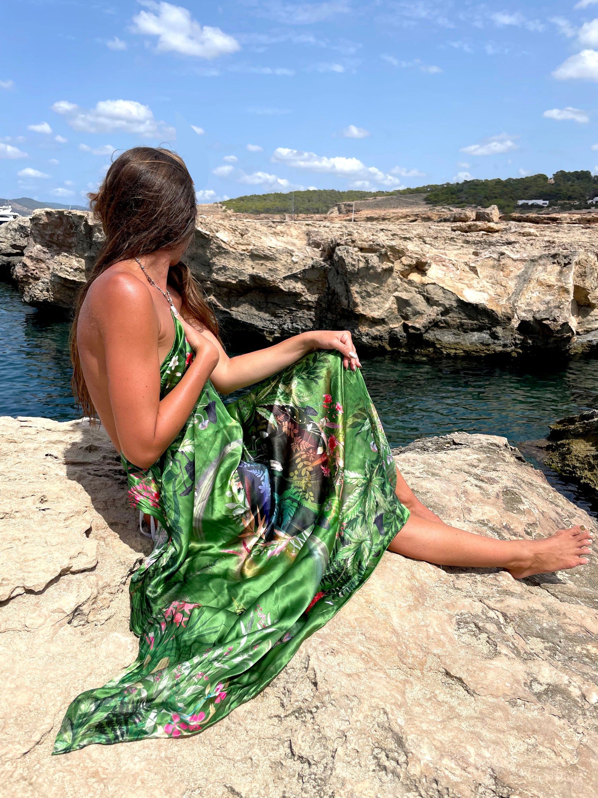 Large Green Silk Scarf with Mushroom and Crystal Evissa Print